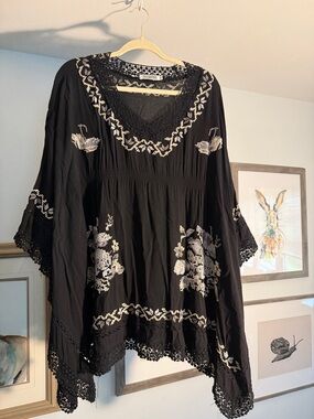 Monoreno Black Poncho or swim cover up with Cream Embroidery. Lightweight
